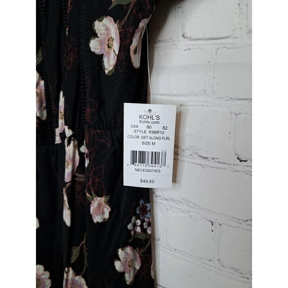 American Rag Floral Black Size Medium Ladder Knit Flouncy Peasant Dress NWT - Picture 3 of 6